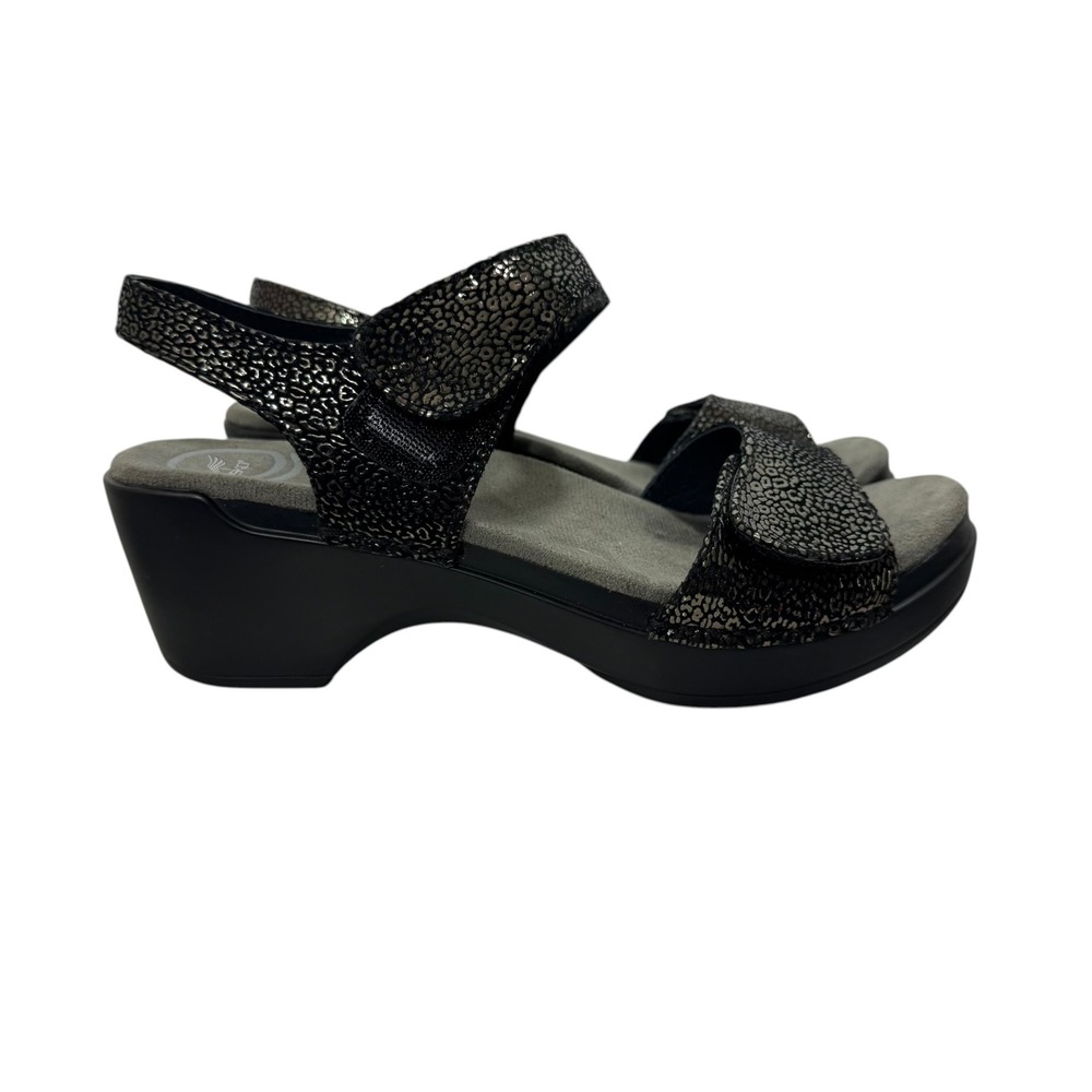 Dansko Erma Black Metallic Leather Leopard Print Wedge Sandals 36 Hook Loop 5.5